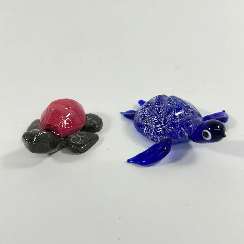 Miniature Turtle Figurine Lot Hand Blown Cobalt Blue Glass & Carved Stone